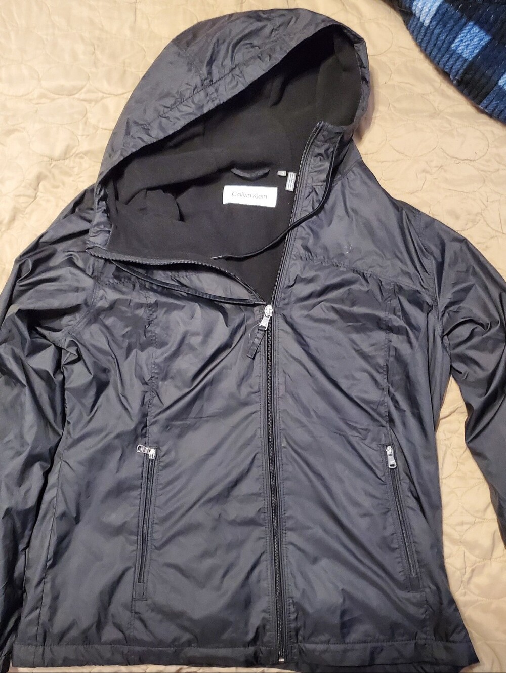 NWT Calvin Klein Womens Hooded Windbreaker Jacket Fleece Lined Black Medium